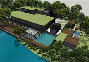 新中式风格别墅带景观7SU(草图大师)素材模型