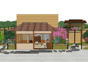 日式禅意茶庭景观庭院花园设计SU(草图大师)模型素材