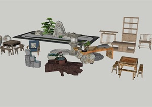 中式枯山水景流水池桌子小景观SU(草图大师)模型素材