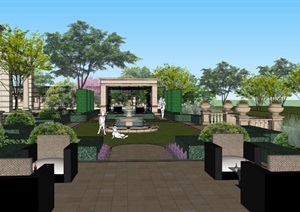 别墅法式庭院花园设计SU(草图大师)模型素材