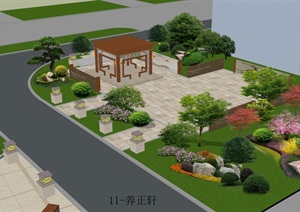 新中式景观设计效果图、水系、亭廊、广场铺装、绿化苗木