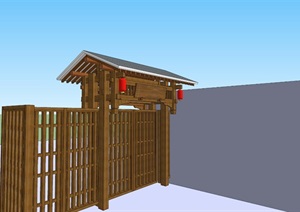中式木栅格大门入口围墙院门SU(草图大师)模型