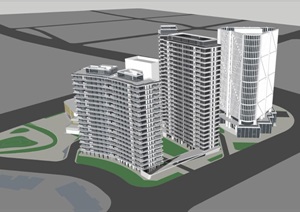 上海武宁路现代住宅+办公综合项目SU(草图大师)设计模型