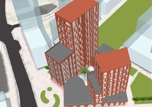 现代红砖风格城市商业街区 SU(草图大师)设计模型
