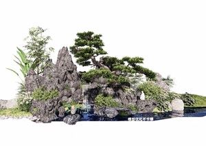 新中式假山石头景观小品水景叠石植物松树SU(草图大师)模型