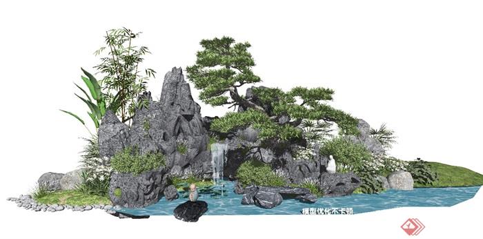 新中式假山石头景观小品水景叠石植物松树SU模型1