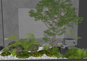 现代室内庭院小品植物造景假山石头蕨类植物SU(草图大师)模型