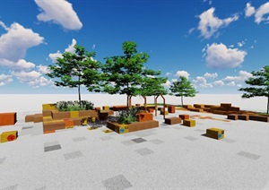 现代休闲广场景观创意景观座椅积木方块树池坐凳休息平台SU(草图大师)模型