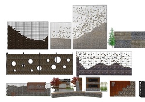 石笼景墙、挡墙、公园入口标识牌设计模型